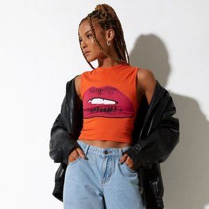 MOTEL ROCKS MONLO VEST TOP IN APEROL SPRITZ ORANGE LIPS NWT